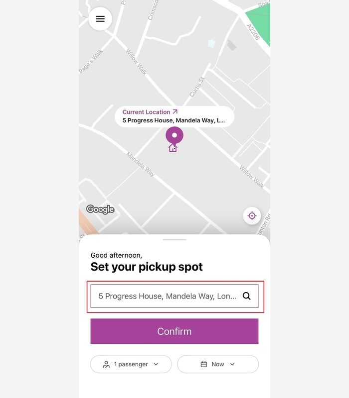 Screen shot of the Dial-a-ride app, Book a ride