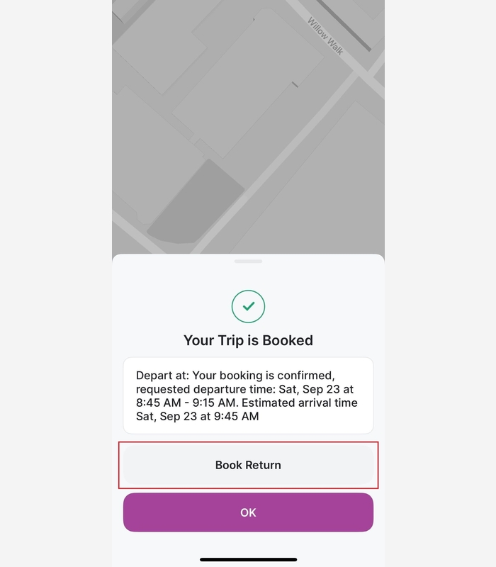 Screen shot of the Dial-a-ride app, book return trip